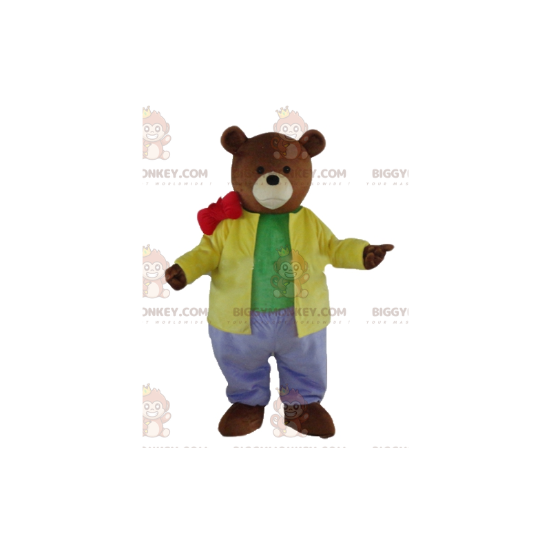 Brun björn BIGGYMONKEY™ maskotdräkt klädd i en mycket färgglad