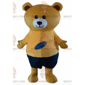 BIGGYMONKEY™ Mascot Costume Big Beige Teddy in Orange and Blue