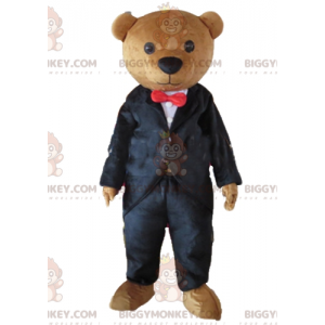 Καφέ αρκουδάκι μασκότ BIGGYMONKEY™ ντυμένο με μαύρο κοστούμι -