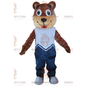 BIGGYMONKEY™ maskotkostume Brun og beige bamse i blåt outfit -