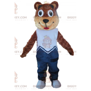 BIGGYMONKEY™ μασκότ στολή καφέ και μπεζ αρκουδάκι με μπλε στολή