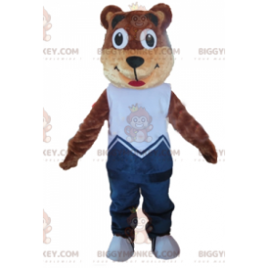 BIGGYMONKEY™ μασκότ στολή καφέ και μπεζ αρκουδάκι με μπλε στολή