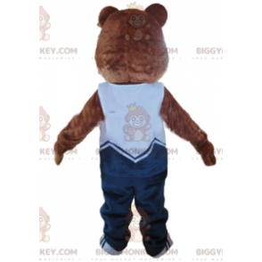 BIGGYMONKEY™ Maskotdräkt Brun och beige nallebjörn i blå outfit