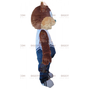 BIGGYMONKEY™ Mascot Costume Brown and Beige Teddy Bear in Blue