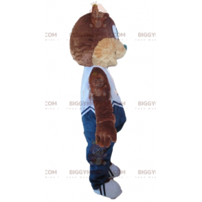 BIGGYMONKEY™ maskotkostume Brun og beige bamse i blåt outfit -