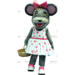 Graue Maus BIGGYMONKEY™ Maskottchenkostüm mit gepunktetem Kleid