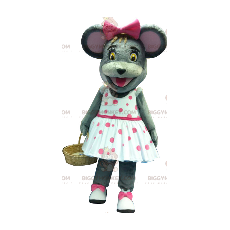 Gray Mouse BIGGYMONKEY™ Mascot Costume with Polka Dot Dress –