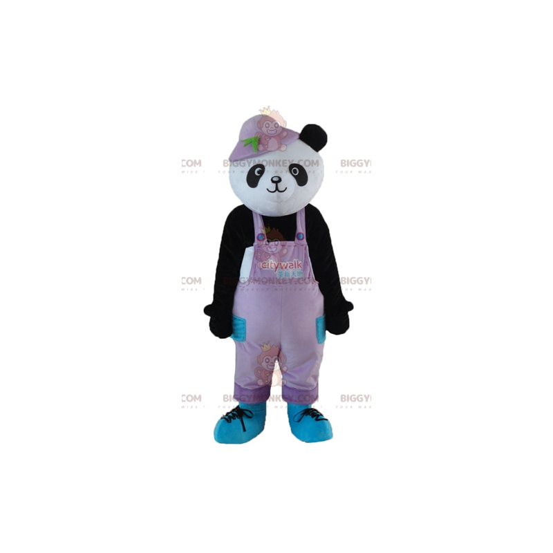 BIGGYMONKEY™ Maskotdräkt Svartvit panda i overall med hatt -