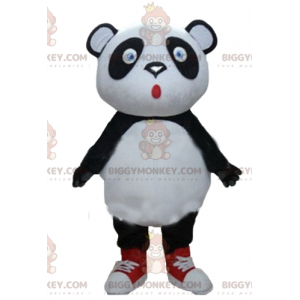 BIGGYMONKEY™ Großäugiges Schwarz-Weiß-Panda-Maskottchen-Kostüm