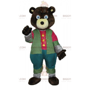 BIGGYMONKEY™ Maskotdräkt Mörkbrun björn i färgglad outfit -