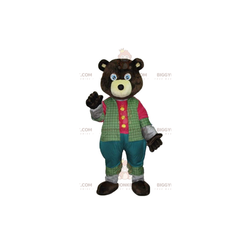 BIGGYMONKEY™ maskottiasu Tummanruskea karhu värikkäässä asussa