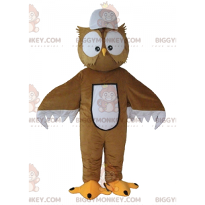 Traje de mascote BIGGYMONKEY™ Coruja marrom e branca com olhos