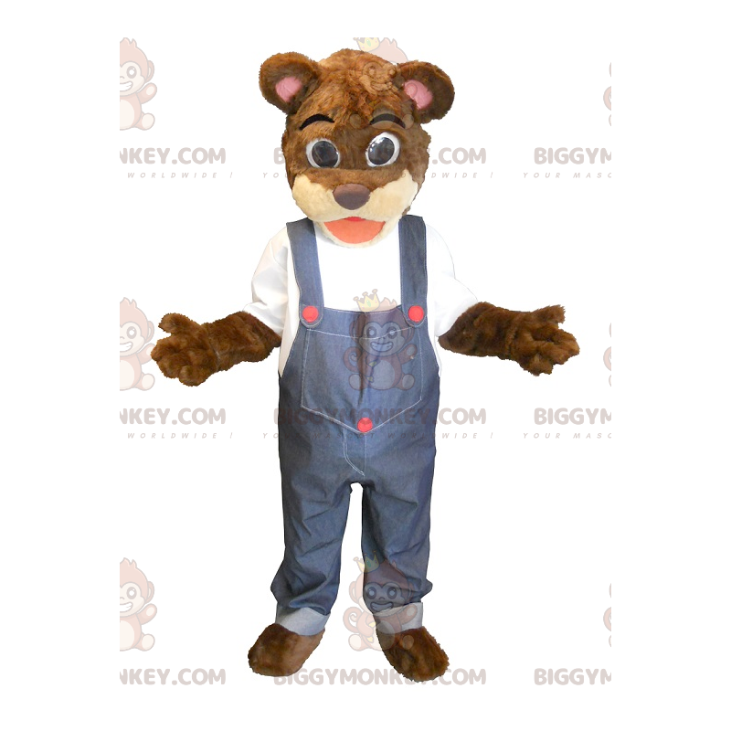 BIGGYMONKEY™ Brauner Bär im Overall-Maskottchen-Kostüm -