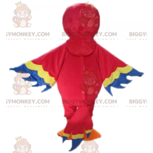Kostým maskota obřího červeného žlutého a modrého papouška