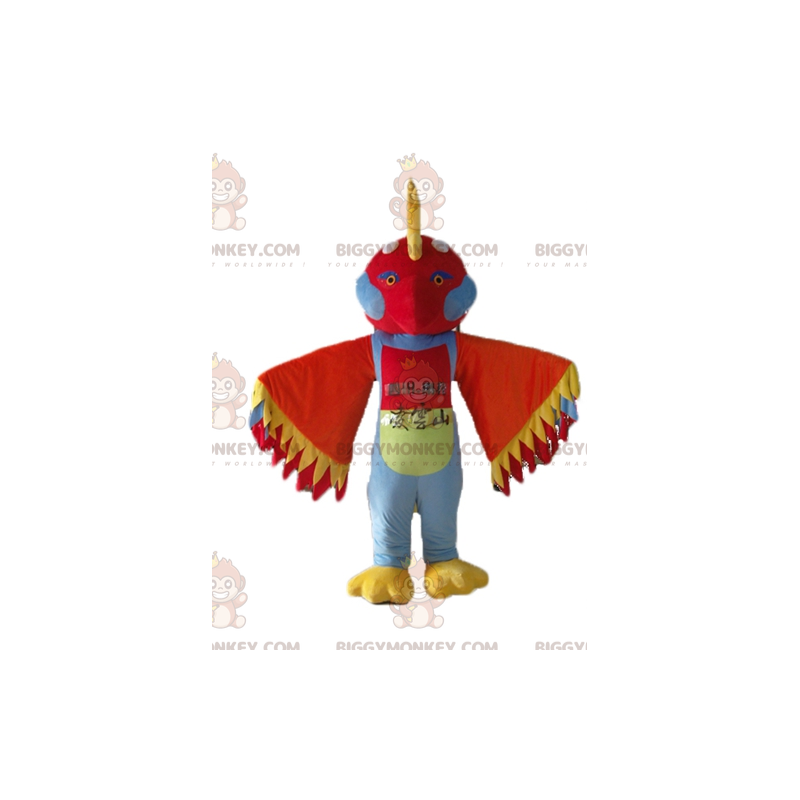 Disfraz de mascota BIGGYMONKEY™ Pájaro multicolor con plumas en