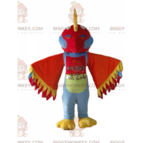 Traje de mascote BIGGYMONKEY™ pássaro multicolorido com penas