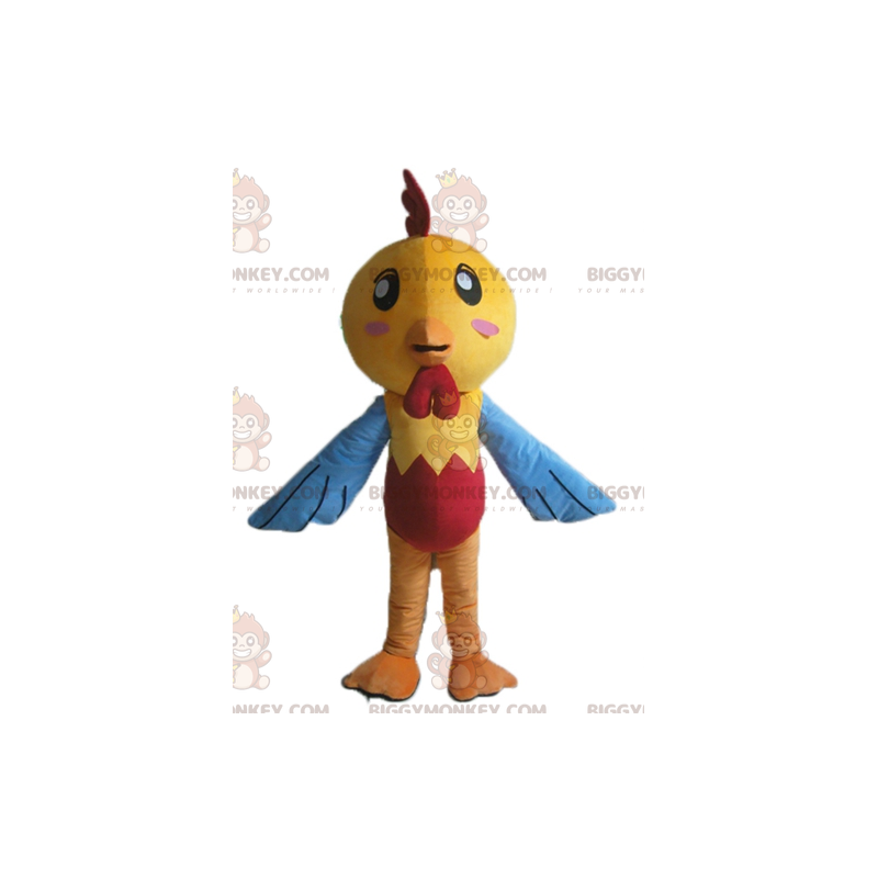 Costume de mascotte BIGGYMONKEY™ de poule de poussin jaune bleu