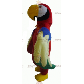 Bonito disfraz de mascota de loro rojo, verde, azul y amarillo