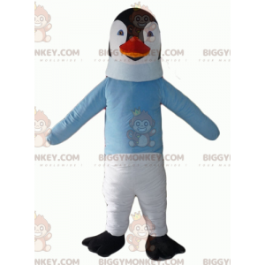 Svart och vit pingvin BIGGYMONKEY™ maskotdräkt med blå tröja -