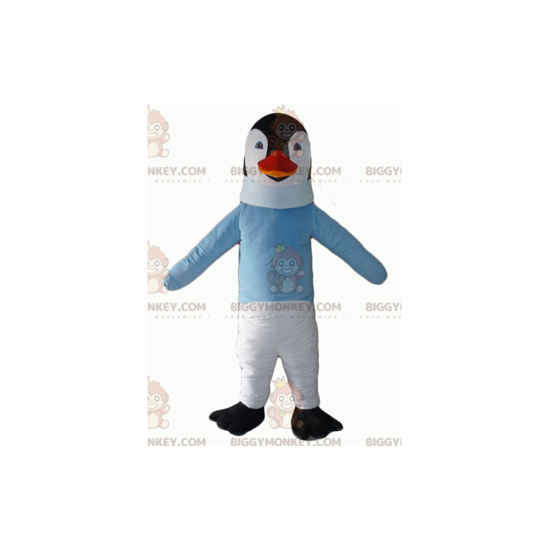 Svart och vit pingvin BIGGYMONKEY™ maskotdräkt med blå tröja -