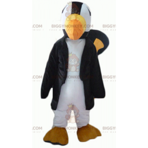 Traje de mascote papagaio tucano preto branco e amarelo