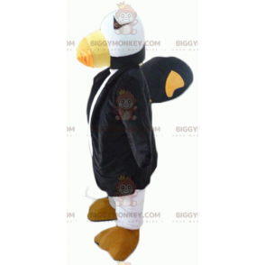 Traje de mascote papagaio tucano preto branco e amarelo