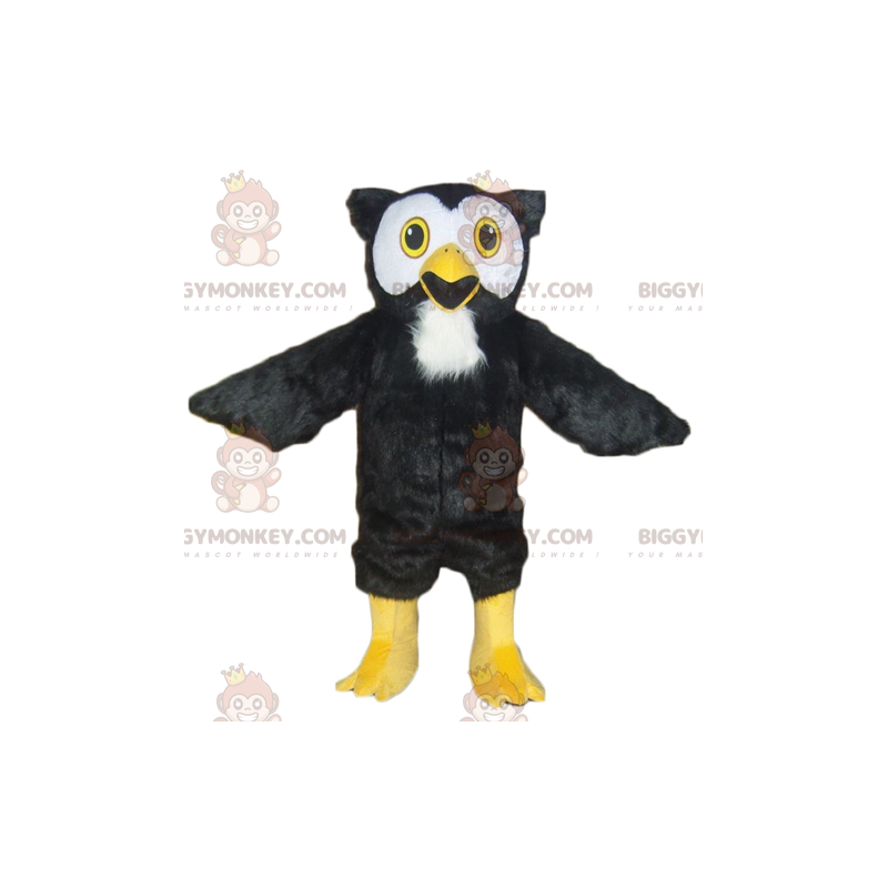 Traje de mascote BIGGYMONKEY™ de coruja preta branca e amarela