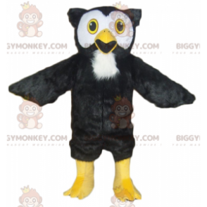 Traje de mascote BIGGYMONKEY™ de coruja preta branca e amarela