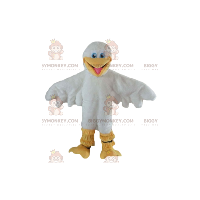 Traje de mascote de gaivota de pato branco e amarelo