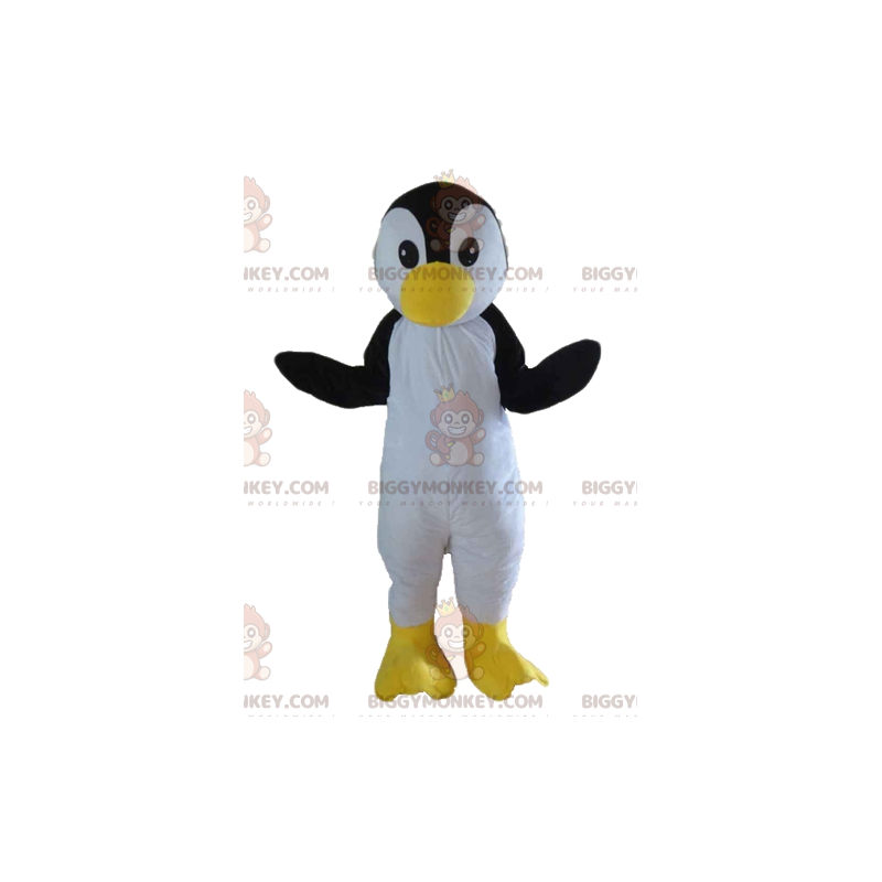 Traje de mascote BIGGYMONKEY™ de pássaro preto branco e amarelo