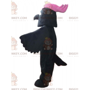 BIGGYMONKEY™-mascottekostuum van zwarte vogel met roze kuif op