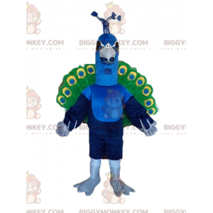 Traje de mascote pavão gigante azul verde e amarelo