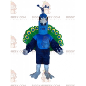 Traje de mascote pavão gigante azul verde e amarelo