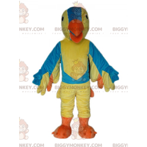 Costume da mascotte gigante giallo blu e arancione uccello