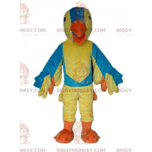 Traje de mascote gigante amarelo azul e laranja pássaro