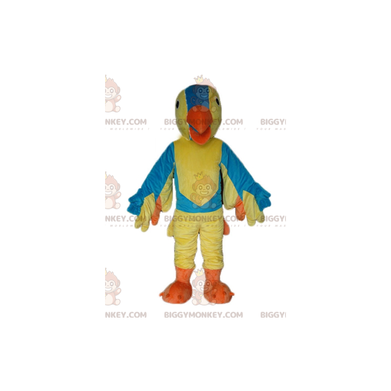 Costume da mascotte gigante giallo blu e arancione uccello