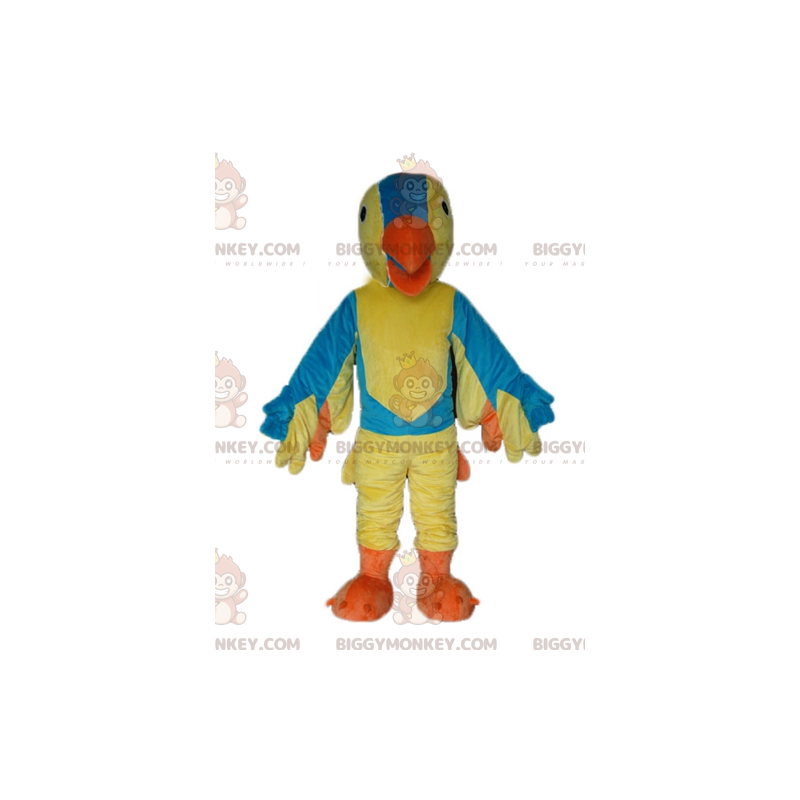 Traje de mascote gigante amarelo azul e laranja pássaro