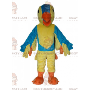 Costume da mascotte gigante giallo blu e arancione uccello