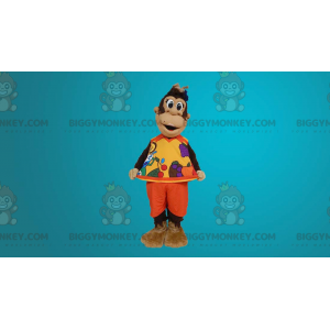 Brown Monkey BIGGYMONKEY™ Mascot Costume Dressed In Orange