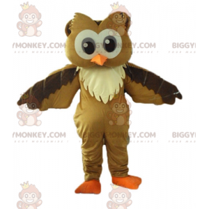 Traje de mascote BIGGYMONKEY™ Coruja marrom e branca com olhos