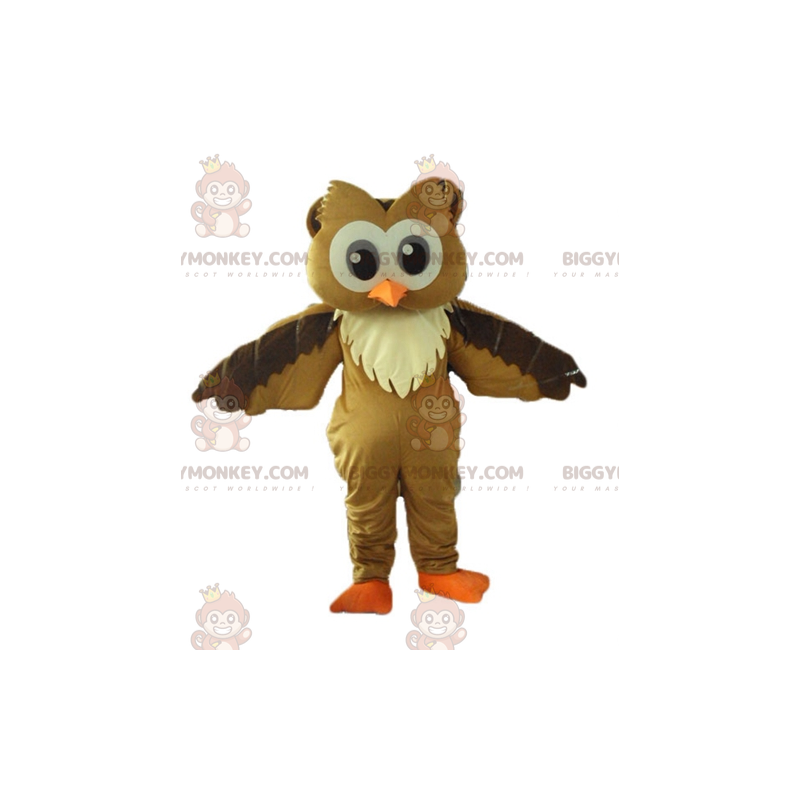 Costume de mascotte BIGGYMONKEY™ de hibou marron et blanc avec