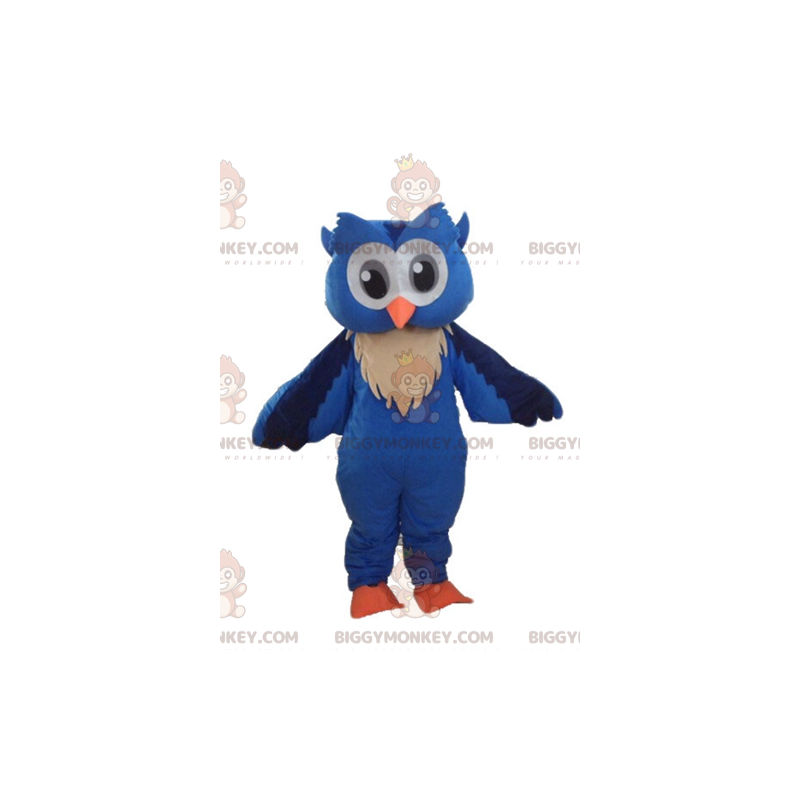 Traje de mascote BIGGYMONKEY™ Coruja azul e branca com olhos