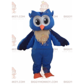 Traje de mascote BIGGYMONKEY™ Coruja azul e branca com olhos