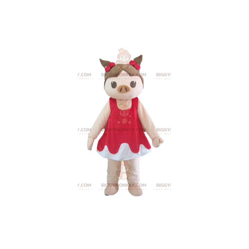 BIGGYMONKEY™ Mascot Costume Pink and Brown Pig in Red and White