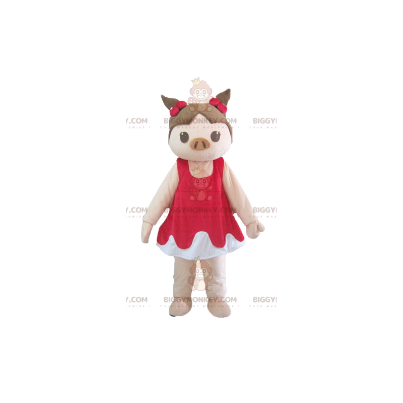 BIGGYMONKEY™ maskotkostume Pink og brun gris i rød og hvid