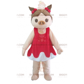Traje de mascote BIGGYMONKEY™ Porco rosa e marrom em vestido