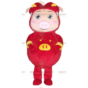 BIGGYMONKEY™ Pink Pig Mascot Costume Dressed in Red and Yellow