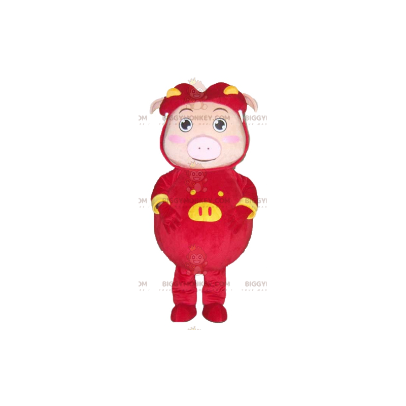 BIGGYMONKEY™ Pink Pig Mascot Costume Dressed in Red and Yellow