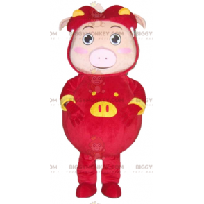 BIGGYMONKEY™ Pink Pig Mascot Costume Dressed in Red and Yellow