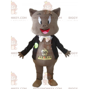 BIGGYMONKEY™ Mascot Costume of Gray Pig in Black Jacket and Bow